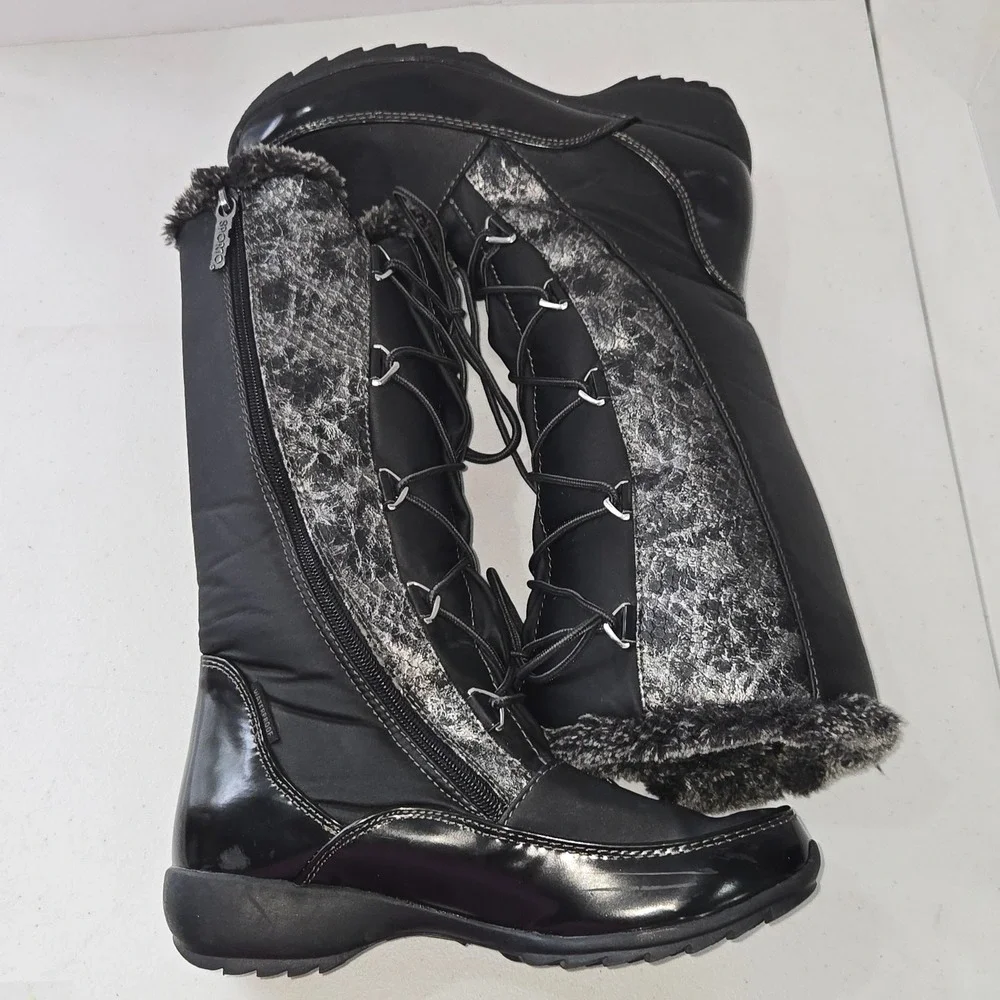 Sporto Predator Black Faux Fur Trim Lace Up Side Zip Winter Snow Boots Womens 7M